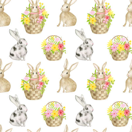 Watercolor spring seamless pattern with hand drawn rabbit and floral basket. Cute brown and gray Easter bunny background with flowers isolated on white. Baby animals repeated designの写真素材