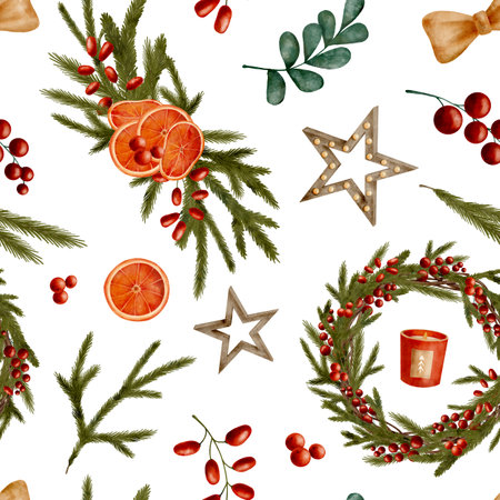 Watercolor Christmas seamless pattern. Hand drawn wreath, bouquet with fir branches, red berries, dried orange slices, ribbon bow isolated on white. Winter greenery decor backgroundの写真素材