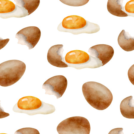 Watercolor eggs seamless pattern. Hand drawn brown chicken egg with yolk and glair repeated illustration isolated on white background. Cooking natural organic eco ingredient. Fresh farm market foodの写真素材