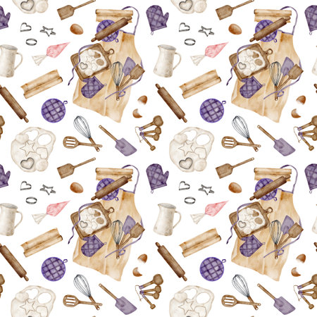 Watercolor baking seamless pattern. Cooking utensils background. Hand drawn apron, rolling pin, oven mitt, whisk, spatula, dough, cookie cutters isolated on white. Kitchen tools illustrationの写真素材