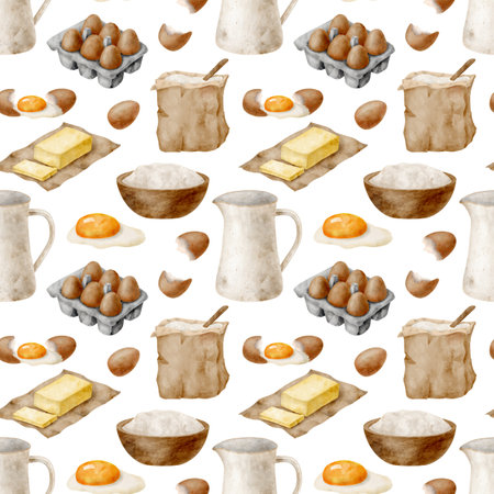 Watercolor baking ingredients seamless pattern. Hand drawn flour bag and bowl, eggs, butter, milk jug isolated on white. Cooking dairy products background. Fresh food for bakery. Pastry designの写真素材