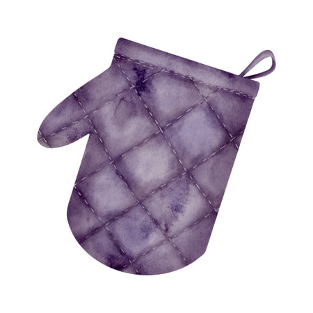 Watercolor oven mitt illustration. Hand drawn purple potholder isolated on white background. Kitchenware utensil for recipe book, menu design. Cooking equipment. Hot pan holder glove clipartの写真素材