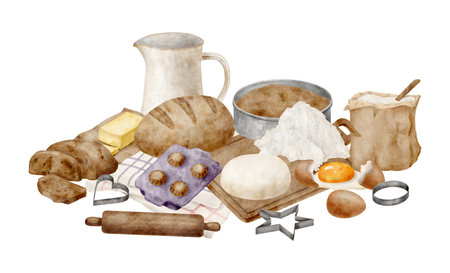 Watercolor baking composition. Hand drawn flour bag, eggs, butter, rolling pin and baked bread isolated on white background. Cooking pastry illustration for banner, cards, recipe book, blogの写真素材
