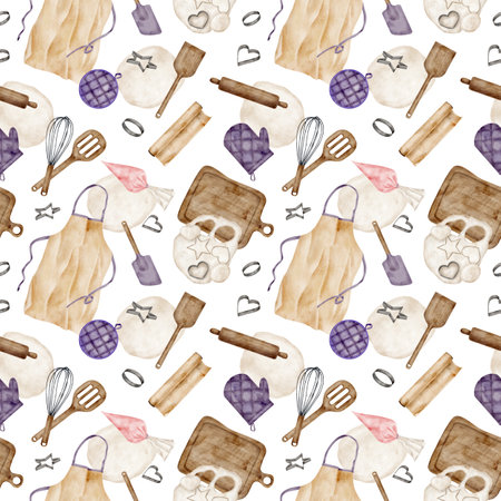 Watercolor baking seamless pattern. Cooking utensils background. Hand drawn apron, rolling pin, oven mitt, whisk, spatula, dough, cookie cutters isolated on white. Kitchen tools illustrationの写真素材