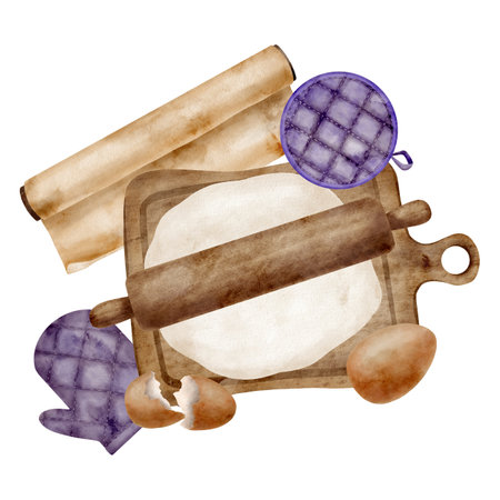 Watercolor baking composition. Hand drawn dough on wood cutting board, rolling pin, eggs, parchment paper and oven mitts isolated on white background. Pastry illustration, top view. Home cookingの写真素材