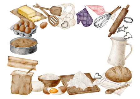 Watercolor baking border frame. Cooking tools and ingredients background. Pastry horizontal template isolated on white for bakery, cafe, culinary blog, card, banner. Baking bread, pie illustrationの写真素材