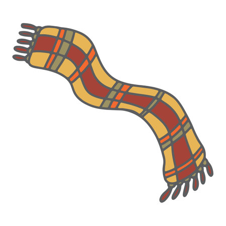 Autumn scarf vector illustration. Hand drawn doodle plaid checkered long scarf isolated on white background. Warm fall clothes with fringe. Retro 70s nostalgia vibes graphicのイラスト素材