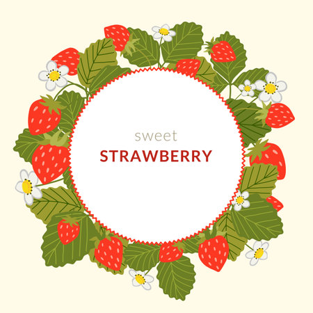 Strawberry vector frame. Round wreath template with sweet red berries, white flowers and leaves. Hand drawn cartoon wild strawberry border. Healthy organic food illustration for label, tag, stickerのイラスト素材