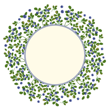 Bilberry vector frame. Round wreath with northern blue forest berries and branches with leaves isolated on white background. Natural healthy food with vitamins illustration for label, banner, packageのイラスト素材