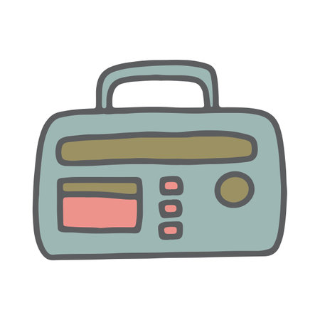 Radio vector illustration. Hand drawn groovy cassette player in trendy simple style isolated on white background. Retro electronics. Nostalgia 70s vibes graphicのイラスト素材