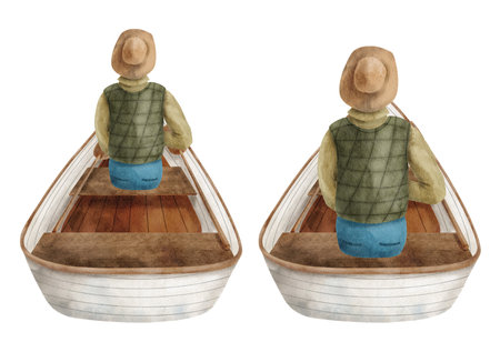 Watercolor man in wooden boat illustration set. Hand drawn fisherman in classic rowboat isolated on white background. Rowing, paddling, fishing back view scene. Relaxing in nature, camping conceptの写真素材