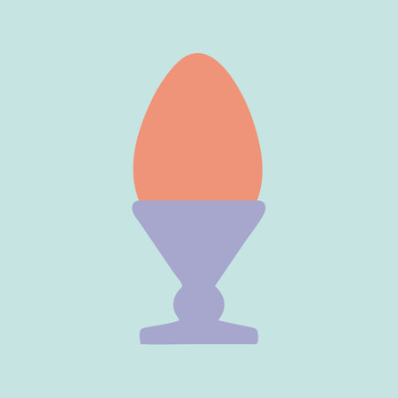 Colored egg in cup vector illustration. Easter meal. Boiled painted pink egg served in purple egg holder. Happy Easter flat cartoon design on light blue background. Paschal food icon, poster, cardのイラスト素材