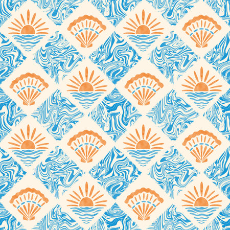 Nautical groovy seamless pattern. Watercolor seashells and sunset sun tiles on marble textured...