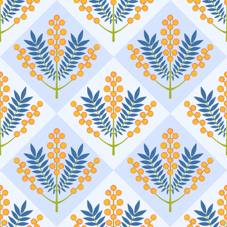 Symmetrical floral vector seamless pattern. Stylized branch with yellow flowers and leaves on blue...