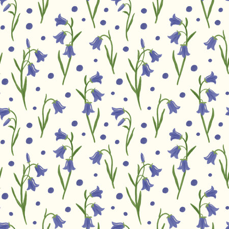 Bellflower seamless pattern. Hand drawn elegant bluebell flowers on off white background. Campanula...