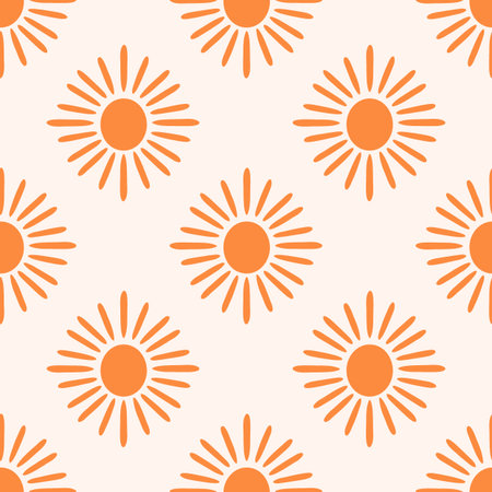 Cute summer sun vector seamless pattern. Modern simple orange sun shapes on cream off-white...