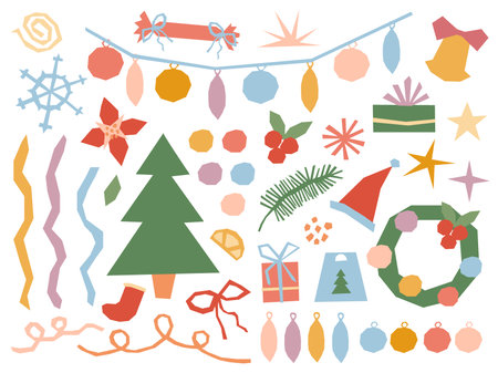 Christmas vector elements set in modern cutout style. Winter decorations, garland, wreath, Christmas tree, baubles, gift boxes, ribbons, red berries. Simple illustrations, muted retro color paletteのイラスト素材