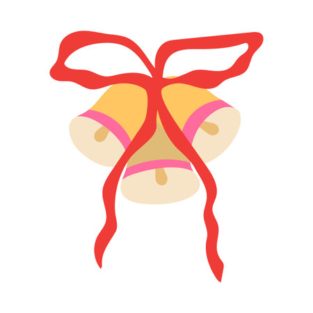 Christmas bells vector illustration. Yellow jingle bells with red ribbon bow isolated on white background. Festive holiday decoration in flat cartoon style for xmas celebration, winter designsのイラスト素材