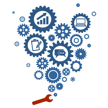 Teamwork graphic vector design. GEars and cogs with copyspace, place for text. communication concept. blue icon. white background. One of set web icons.のイラスト素材