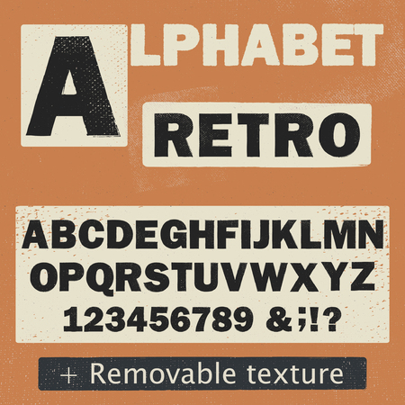Vintage alphabet. Typeset with distressed overlay texture. Retro typeface. Letters, numbers and symbols. Alphabet font for labels, headlines, posters etc. Bonus three free textures for your design.のイラスト素材