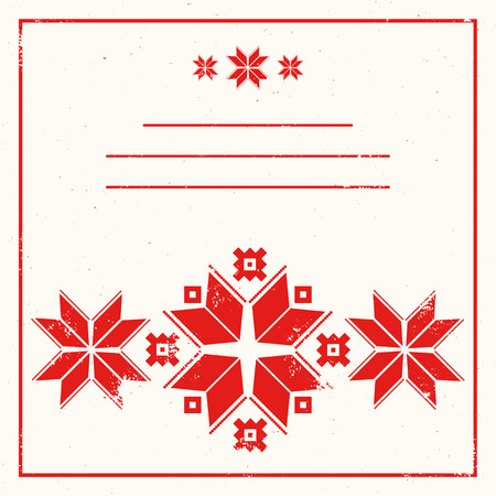 Red greeting card with folk scandinavian and Nordic ornament. Inspired by Norwegian Christmas. Festive winter cards. Happy new year and merry cristmas concept. Grunge old texture. Stylish cards.のイラスト素材
