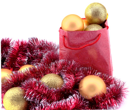 golden Christmas balls in gift packageの写真素材