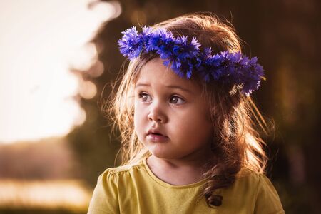 Little girl in a wreath of cornflowersの写真素材