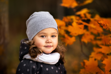 girl walking in the forest in autumnの写真素材