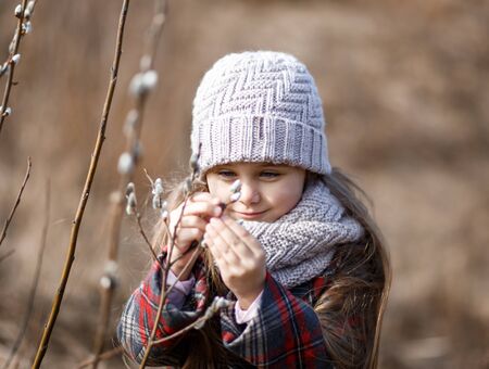 little cute girl in the spring in the forest looks at the plantsの写真素材