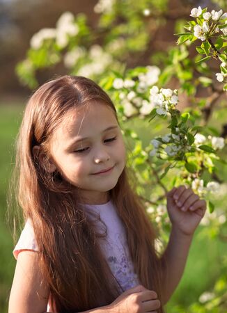 little girl with long hair near a flowering tree in natureの写真素材