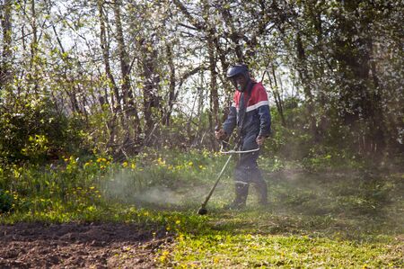 young man mows grass with a trimmer in summer