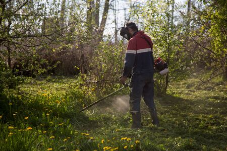 young man mows grass with a trimmer in summer