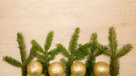 Composition with fir branches and balls. Flat lay. Christmas and new year