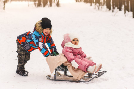Little boy takes his little sister on a sled in winter.の写真素材