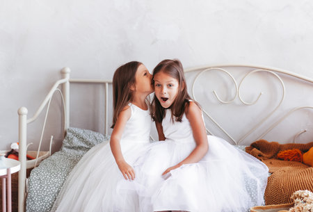 A little girl tells the secret in her friend's ear. Cute kids play in a light roomの写真素材