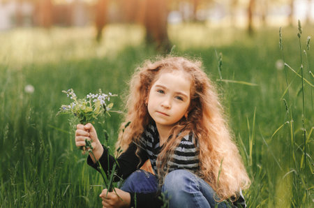 A little girl with curly hair collects flowers in the park in the summer