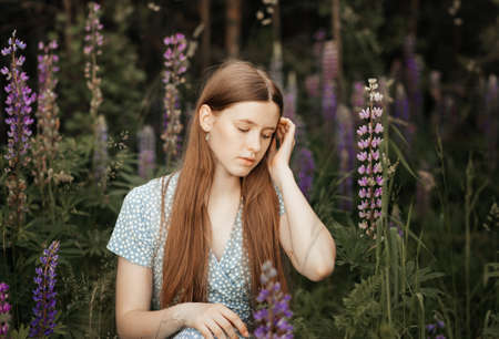 A young beautiful girl with long red hair in a clearing among the flowers. Lupinesの写真素材