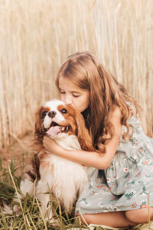 A happy little girl runs through a wheat field in the summer on a sunny day. Summertime. Summer vacation. Happy childhood. Positive emotions and energyの写真素材