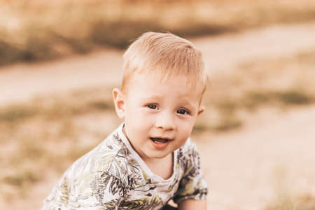 Little boy in the summer in nature playing with soap bubblesの写真素材