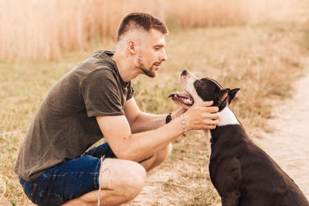 A young man walks in nature with a dog of the Pit Bull Terrier breedの写真素材