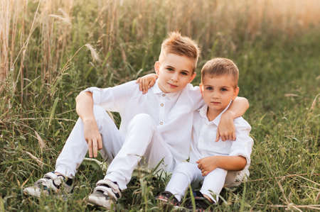 Two little boy brothers play and walk in nature in the summer. Happy childhood. Positive emotionsの写真素材
