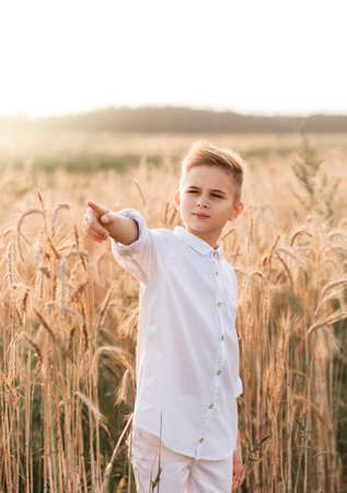 A small handsome boy blonde in a white shirt and white pants in nature in the summer. Happy childhood. Positive emotionsの写真素材