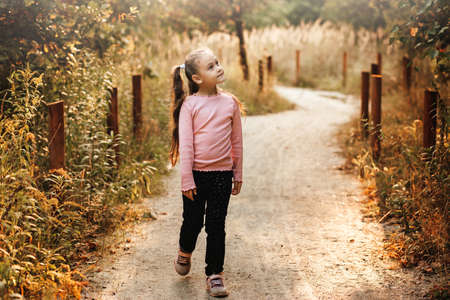 Little pretty girl sits on a bench in the park in the autumnの写真素材