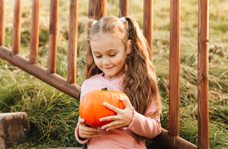 Little pretty girl sits on a bench in the park in the autumnの写真素材