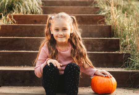 Portrait of a little girl on the background of the autumn park.の写真素材