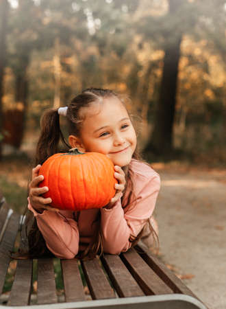 Portrait of a little girl on the background of the autumn park.の写真素材