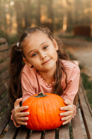 Portrait of a little girl on the background of the autumn park.の写真素材