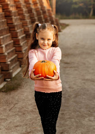 Portrait of a little girl on the background of the autumn park.の写真素材