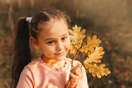Portrait of a little girl on the background of the autumn park.の写真素材