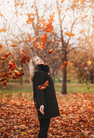 Autumn woman in autumn park. Warm sunny weather. Fall conceptの写真素材